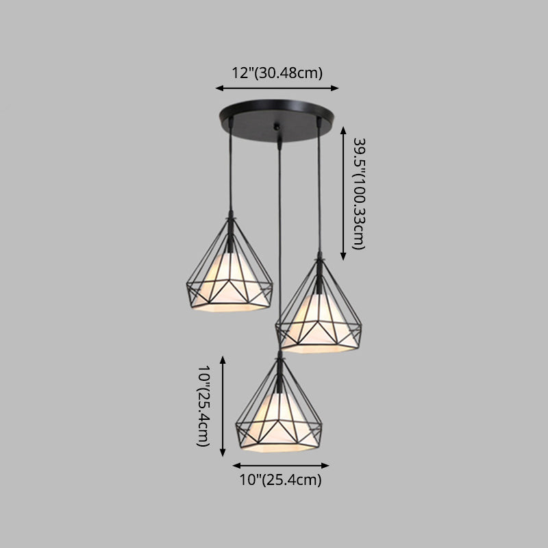 3 luci Diamond Cage Multi Pendants Luce a soffitto in metallo industriale con corda sospesa per il corridoio