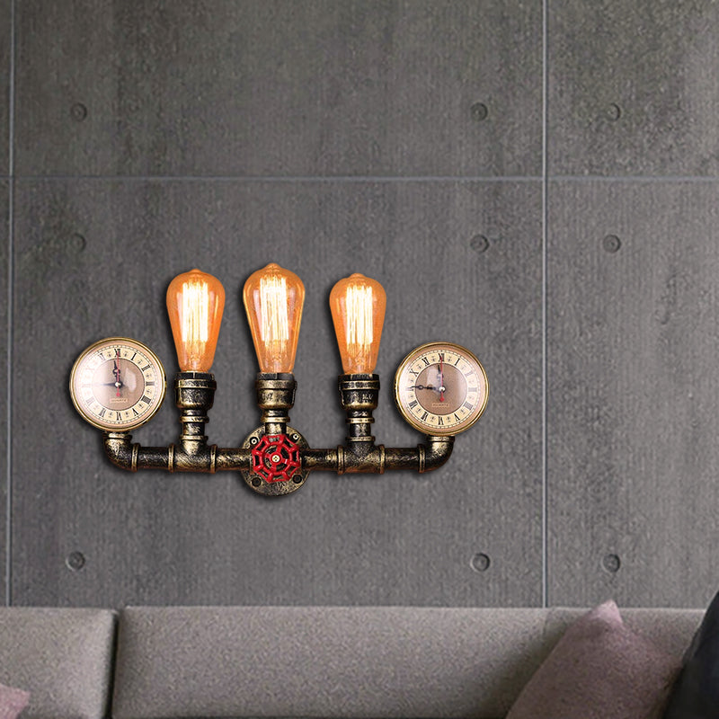 Antique Brass Pipe Wall Sconce Rustic Stylish 3 Heads Wrought Iron Wall Light Fixture with Gauge and Valve Deco