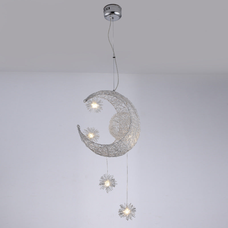 5 Lights Moon and Star Ceiling Suspension Lamp Kids Metallic Pendant Light Fixtures for Boys Girls Bedroom