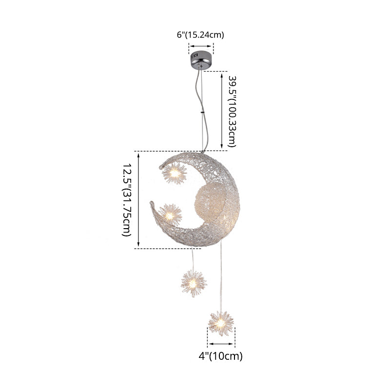 5 Lights Moon and Star Ceiling Suspension Lamp Kids Metallic Pendant Light Fixtures for Boys Girls Bedroom