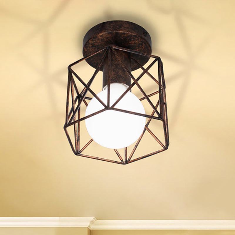 Wire Cage Iron Semi Flush Light Fixture Warehouse 1 Light Antique Bronze Semi Mount Lighting with Hexagon Shade