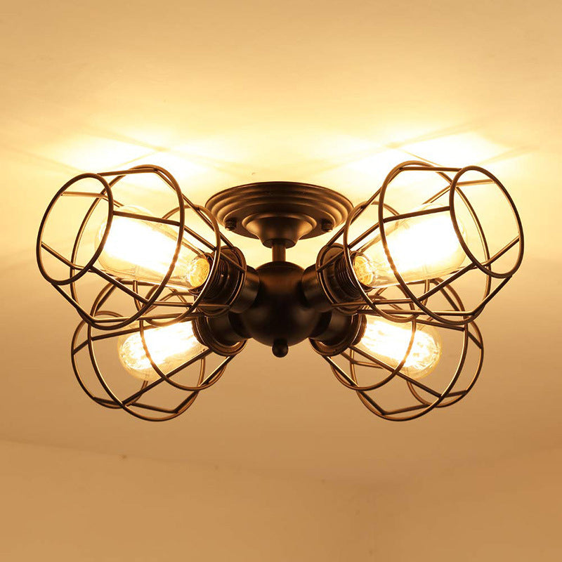 Käfig Schatten Metall halb Flush Pendelleuchte Industrie 4 Köpfe Schwarze Halbmontage Beleuchtung für Wohnzimmer