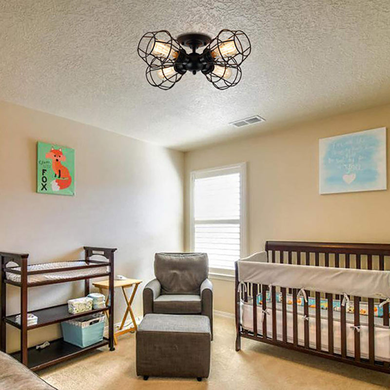 Tombra de jaula Semi Flush Costa Ligera Industrial 4 Cabezas Negro Semi Montaje Iluminación para sala de estar