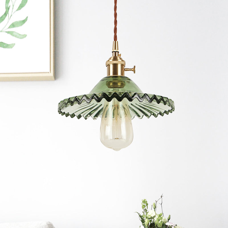 Scalloped Glass Shade Hanging Ceiling Light Vintage Industrial 1-Light Living Room Drop Pendant