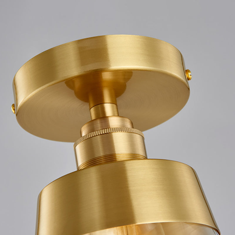 Plafonnier en verre transparent cône, montage encastré, industriel, 1 lumière, finition en laiton, suspension semi-encastrée pour balcon