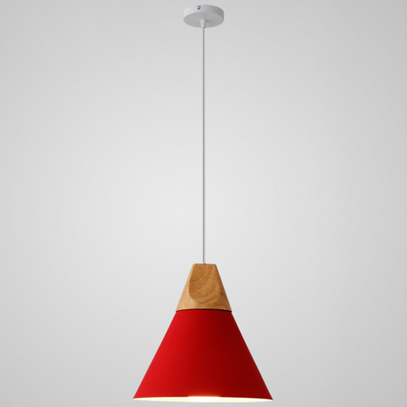 Metal Tapered Hanging Light Nordic Style 1 Light Restaurant Ceiling Pendant Lamp with Wooden Top