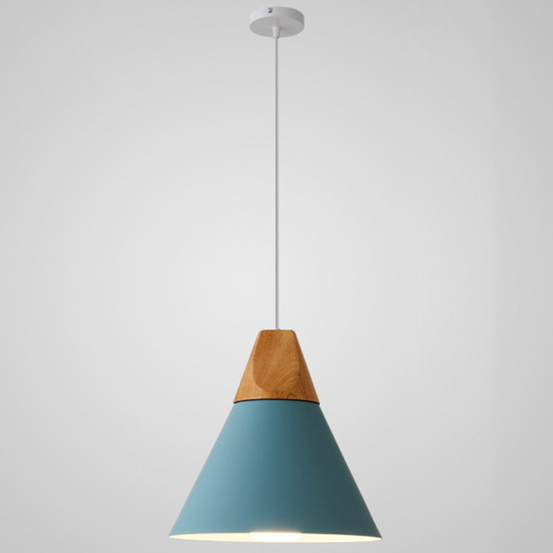 Metal Tapered Hanging Light Nordic Style 1 Light Restaurant Ceiling Pendant Lamp with Wooden Top