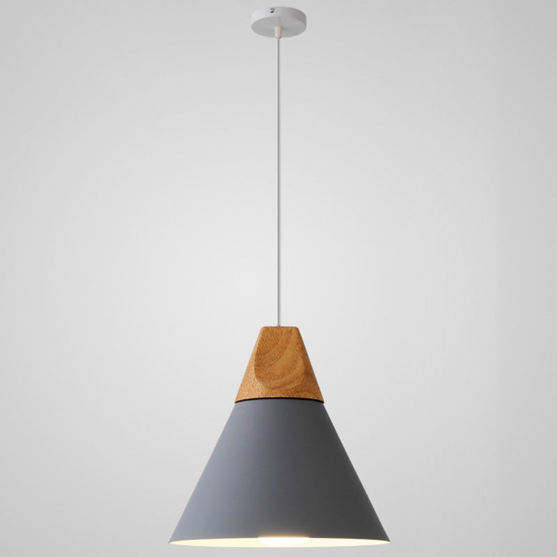 Metal Tapered Hanging Light Nordic Style 1 Light Restaurant Ceiling Pendant Lamp with Wooden Top