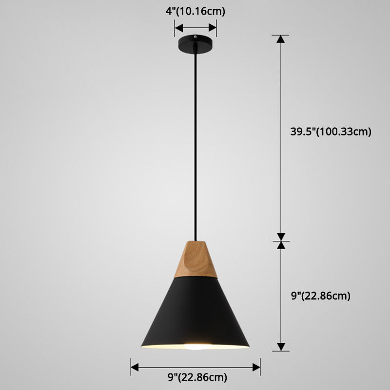 Metal Tapered Hanging Light Nordic Style 1 Light Restaurant Ceiling Pendant Lamp with Wooden Top