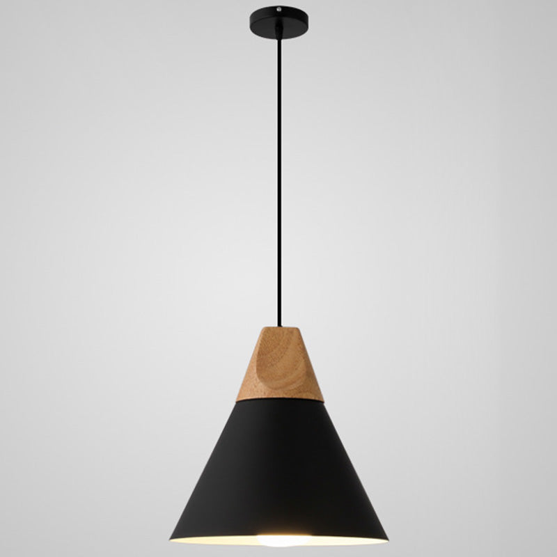 Metal Tapered Hanging Light Nordic Style 1 Light Restaurant Ceiling Pendant Lamp with Wooden Top