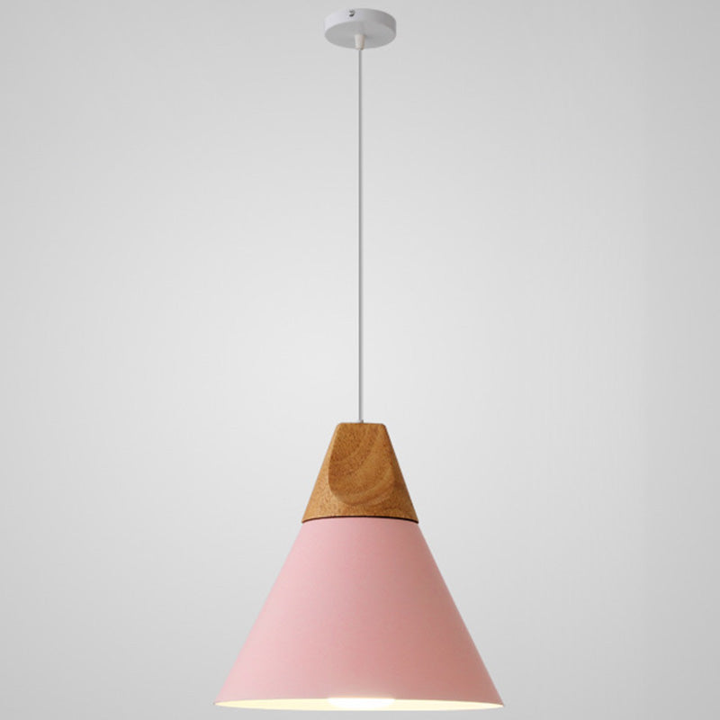 Metal Tapered Hanging Light Nordic Style 1 Light Restaurant Ceiling Pendant Lamp with Wooden Top