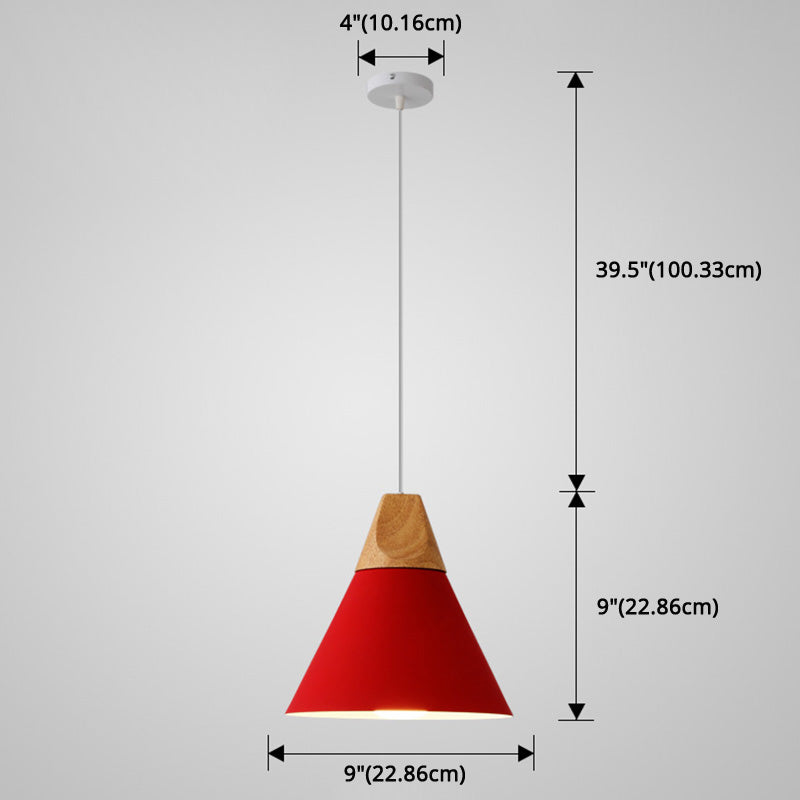 Metal Tapered Hanging Light Nordic Style 1 Light Restaurant Ceiling Pendant Lamp with Wooden Top