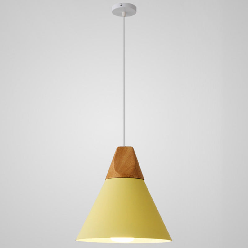 Metal Tapered Hanging Light Nordic Style 1 Light Restaurant Ceiling Pendant Lamp with Wooden Top