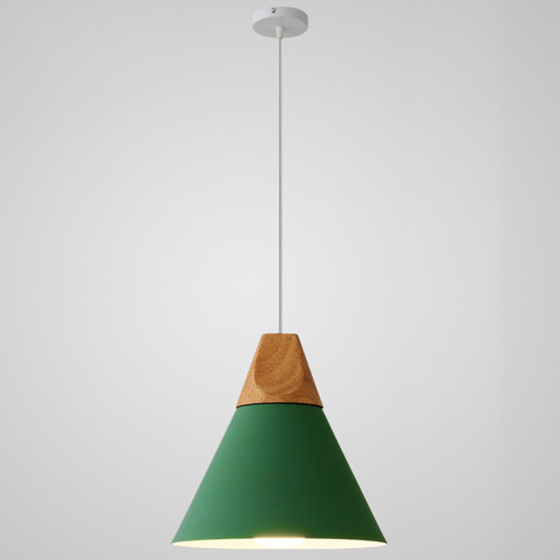 Metal Tapered Hanging Light Nordic Style 1 Light Restaurant Ceiling Pendant Lamp with Wooden Top