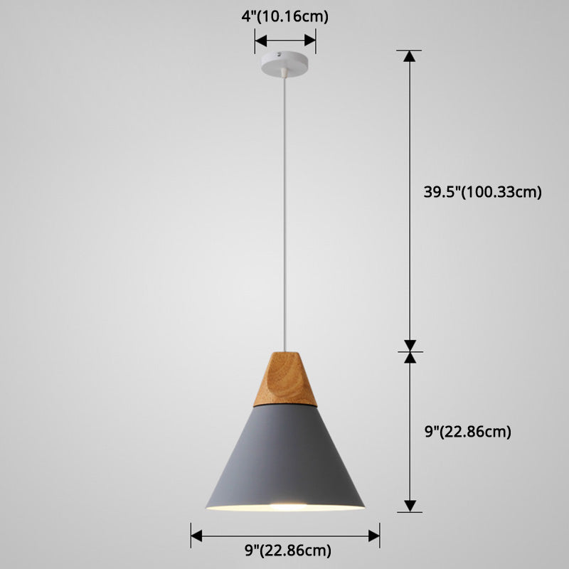 Metal Tapered Hanging Light Nordic Style 1 Light Restaurant Ceiling Pendant Lamp with Wooden Top