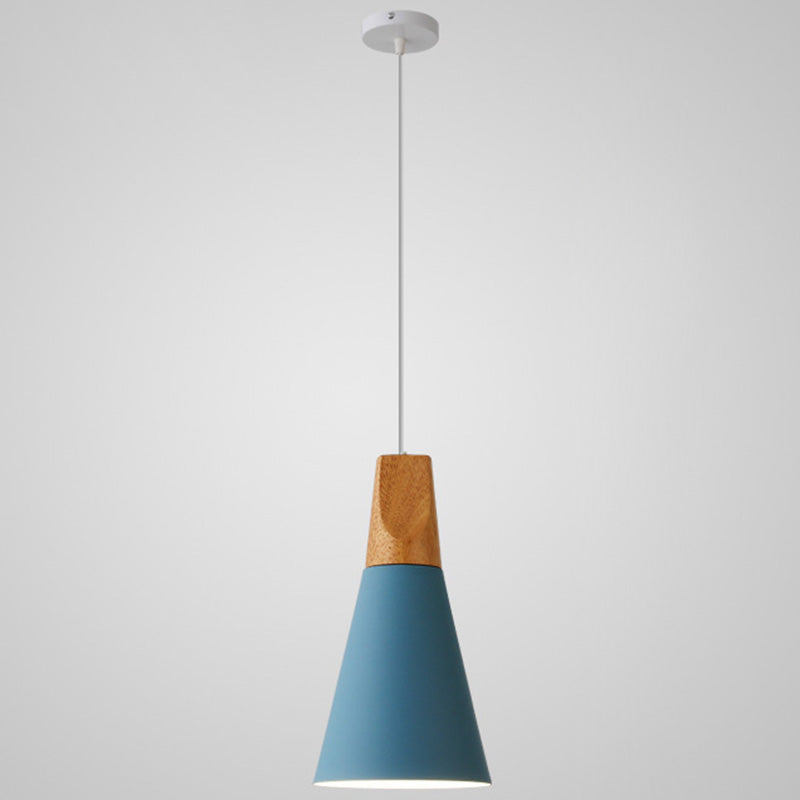 Metal Tapered Hanging Light Nordic Style 1 Light Restaurant Ceiling Pendant Lamp with Wooden Top