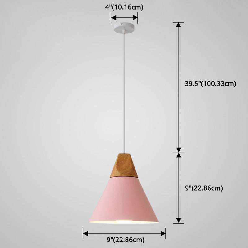 Metal Tapered Hanging Light Nordic Style 1 Light Restaurant Ceiling Pendant Lamp with Wooden Top