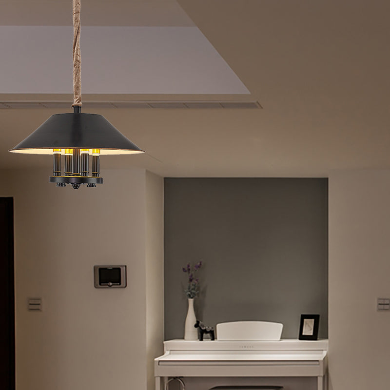 Nuance à cône noir suspendu lampe à lustre vintage 4 lumières suspendu en métal pour salle à manger
