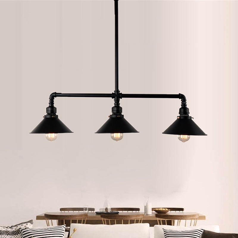 Black Conical Island Lighting Farmhouse Style 3 Bulbs Metallic Island Ceiling Light for Dining Room