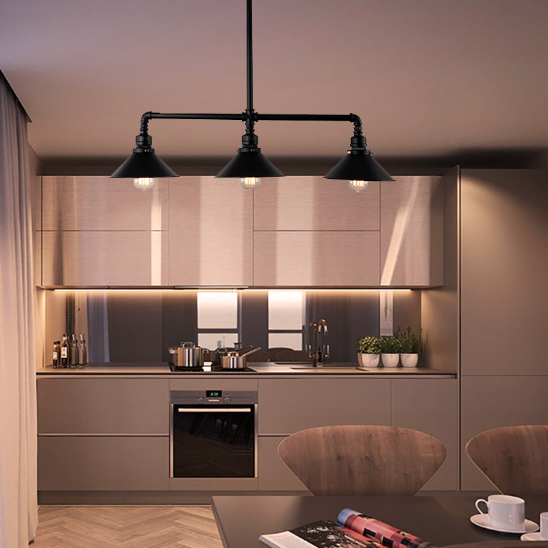 Black Conical Island Lighting Farmhouse Style 3 Bulbs Metallic Island Ceiling Light for Dining Room