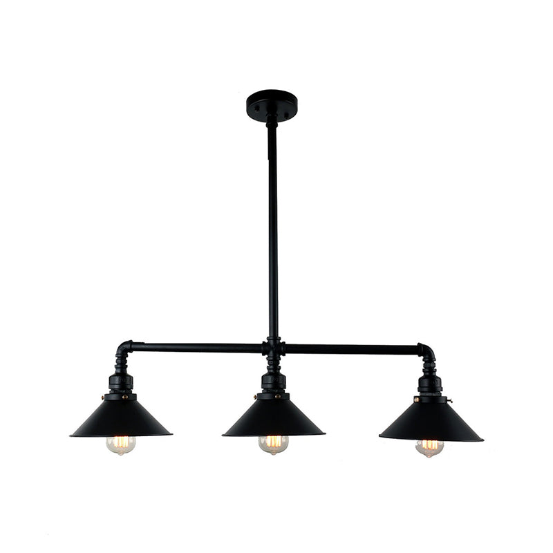 Black Conical Island Lighting Farmhouse Style 3 Bulbs Metallic Island Ceiling Light for Dining Room