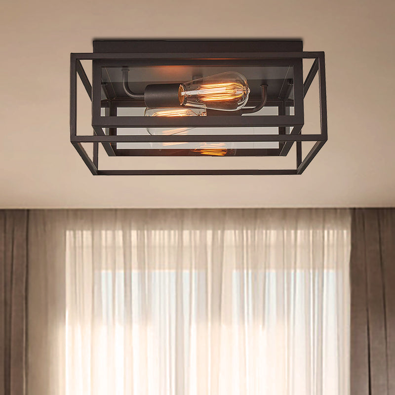 2 Lights Indoor Flush Ceiling Light Vintage Style Black Flush Mount Lamp with Squared Frame Clear Glass Shade