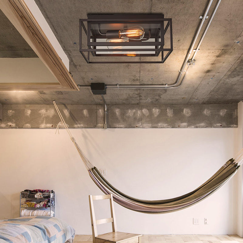 2 Lights Indoor Flush Ceiling Light Vintage Style Black Flush Mount Lamp with Squared Frame Clear Glass Shade