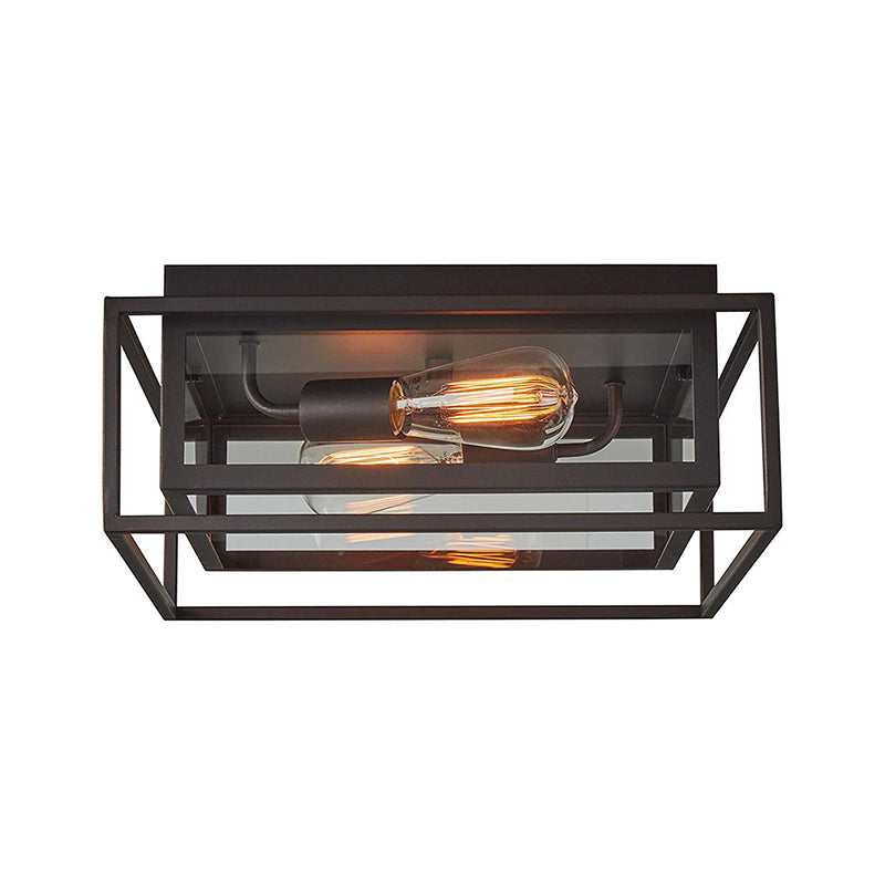 2 Lights Indoor Flush Ceiling Light Vintage Style Black Flush Mount Lamp with Squared Frame Clear Glass Shade