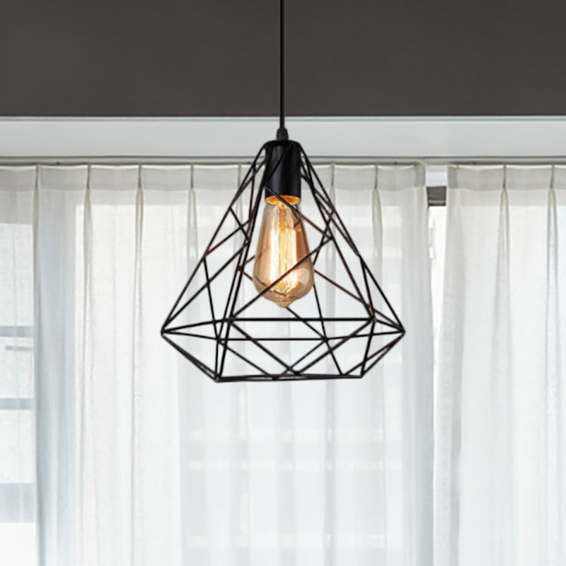 Diamond Shade Hanging Lighting Farmhouse Style Metal 1 Light Kitchen Ceiling Fixture with Wire Frame in Black