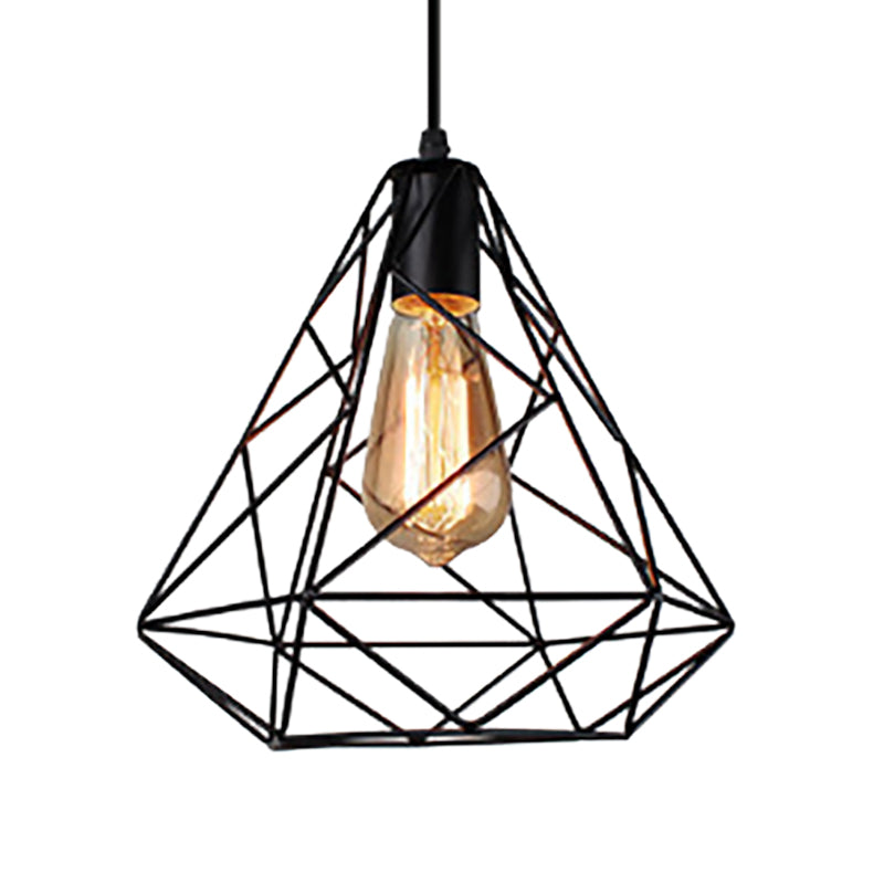 Diamond Shade Hanging Lighting Farmhouse Style Metal 1 Light Kitchen Ceiling Fixture with Wire Frame in Black