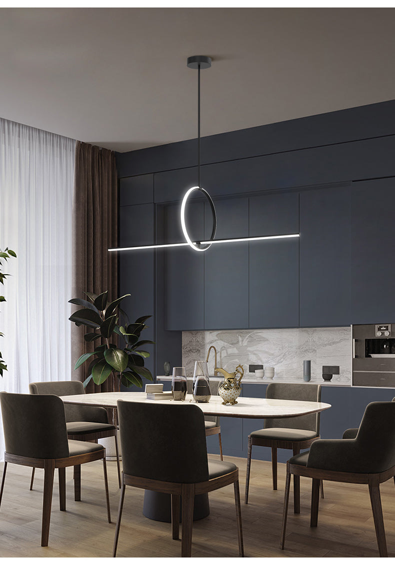 Stick and Ring Dining Room Island Light Fixture Metal Modernist LED Pendant Lamp in Black