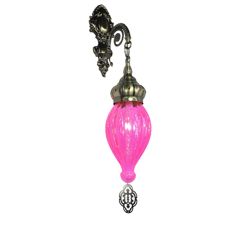 Traditional Teardrop Sconce Black/White/Light Blue Glass 1 Head Wall Mounted Lamp with Carved Metal Arm