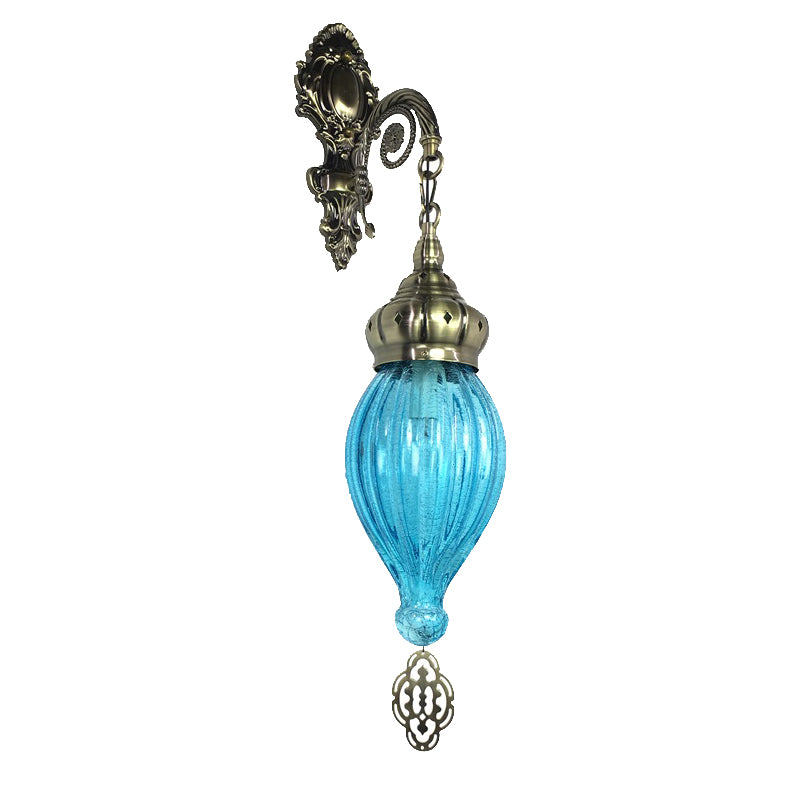 Traditional Teardrop Sconce Black/White/Light Blue Glass 1 Head Wall Mounted Lamp with Carved Metal Arm