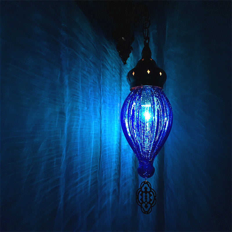 Traditional Teardrop Sconce Black/White/Light Blue Glass 1 Head Wall Mounted Lamp with Carved Metal Arm