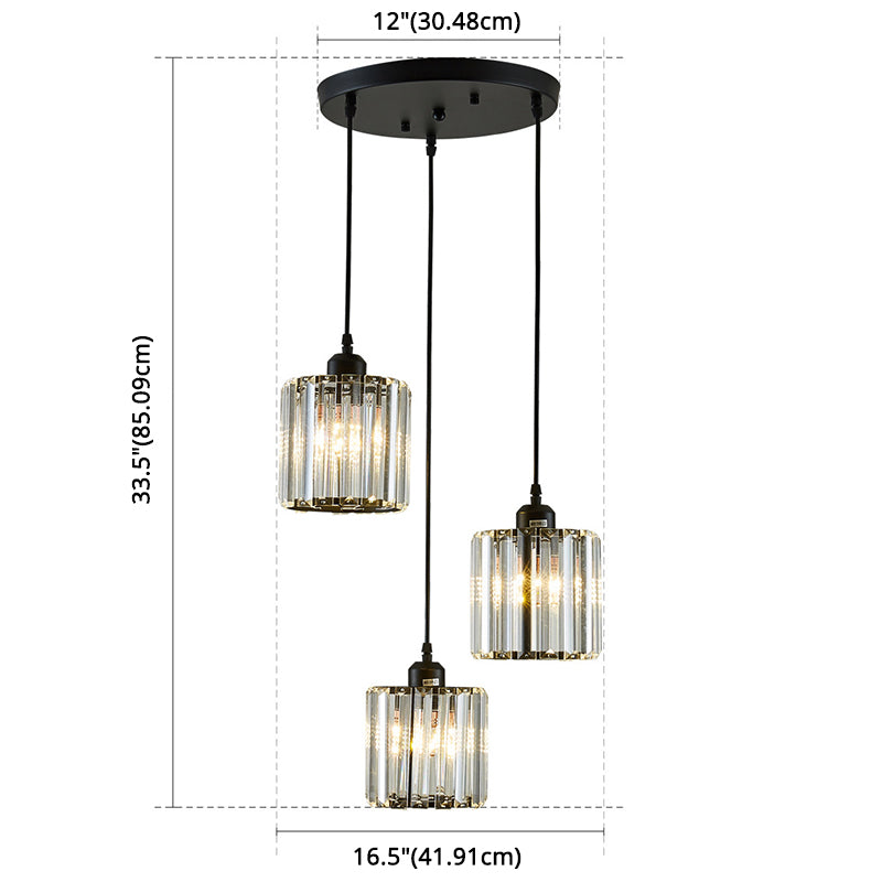 Modern Pendant Lighting Fixture Black Cylindrical Suspension Light with Crystal Shade