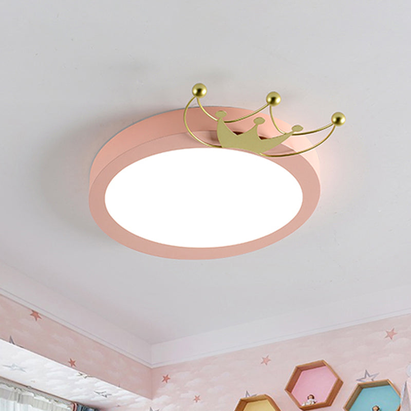 Nordic Drum Flushmount Lighting with Gold Crown 1 Head Led Blue/Pink Flush Light for Kids, Warm/White Light