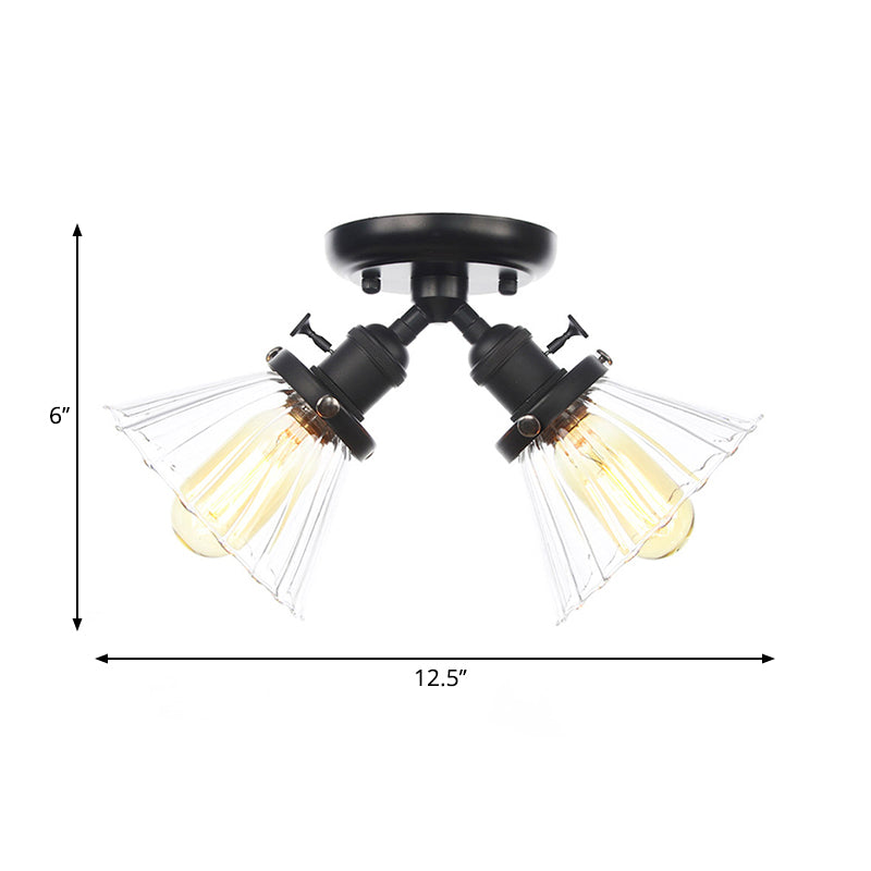Cone Shade Bedroom Semi Mount Lighting Amber/Clear Glass 2 Heads Industrial Stylish Ceiling Flush Mount in Black/Bronze