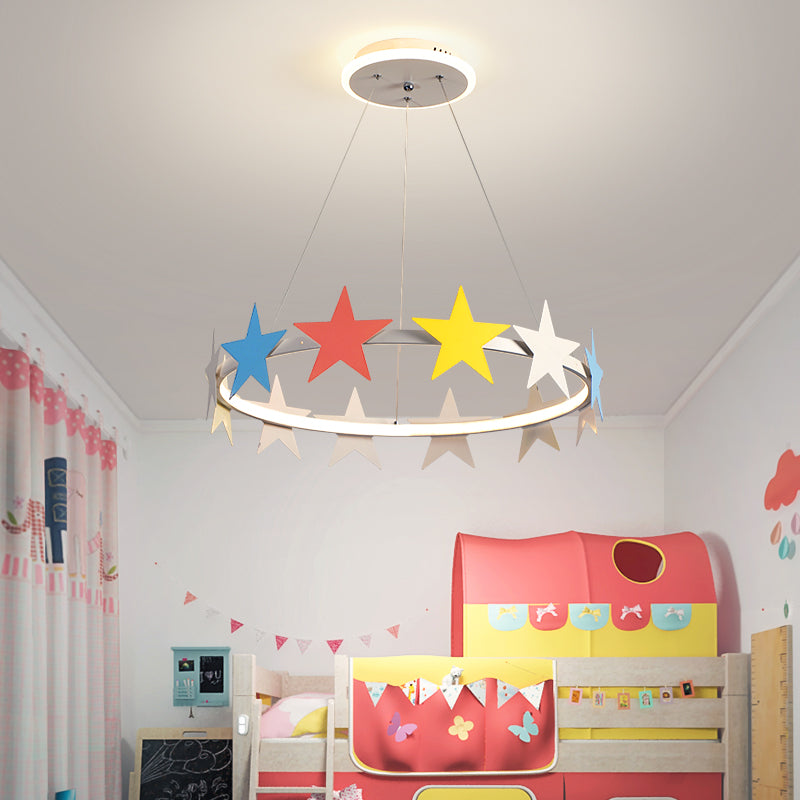 19.5"/23.5" Dia Metal Ring Chandelier Light with Star Decoration Cartoon LED Suspension Light in White, Warm/White Light