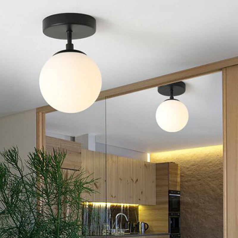Lustre semi-affleurant sphérique contemporain, luminaire de plafond en verre dépoli à 1 lumière pour couloir