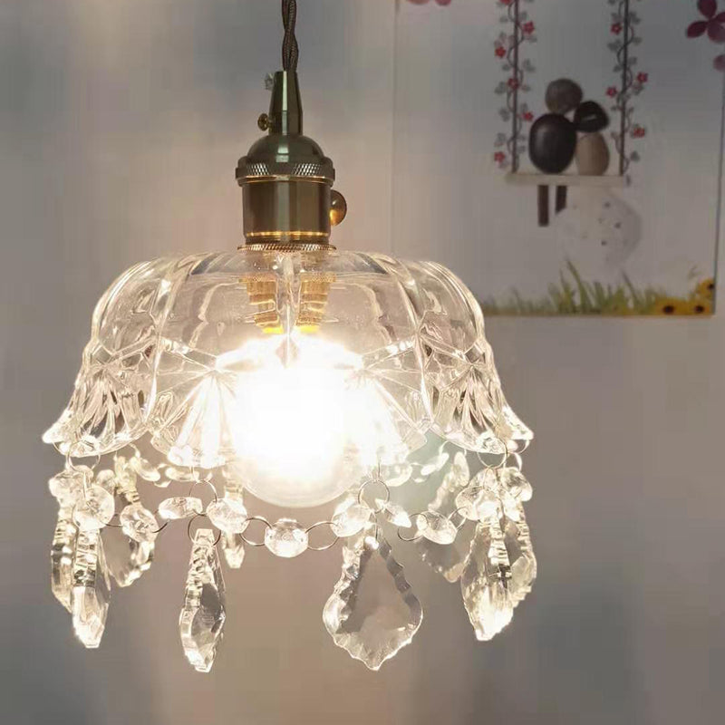 Flower Shape Shade Ceiling Pendant Lamp Vintage 1 Light Clear Glass Hanging Light with Crystal Pendant