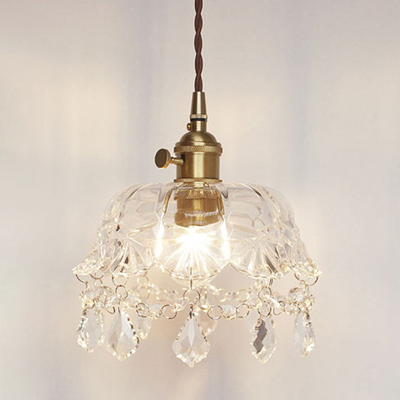 Flower Shape Shade Ceiling Pendant Lamp Vintage 1 Light Clear Glass Hanging Light with Crystal Pendant