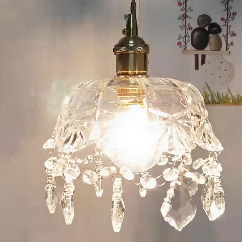 Flower Shape Shade Ceiling Pendant Lamp Vintage 1 Light Clear Glass Hanging Light with Crystal Pendant
