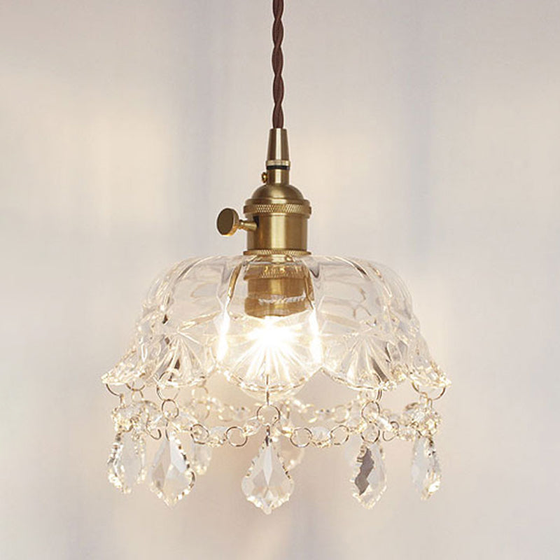 Flower Shape Shade Ceiling Pendant Lamp Vintage 1 Light Clear Glass Hanging Light with Crystal Pendant