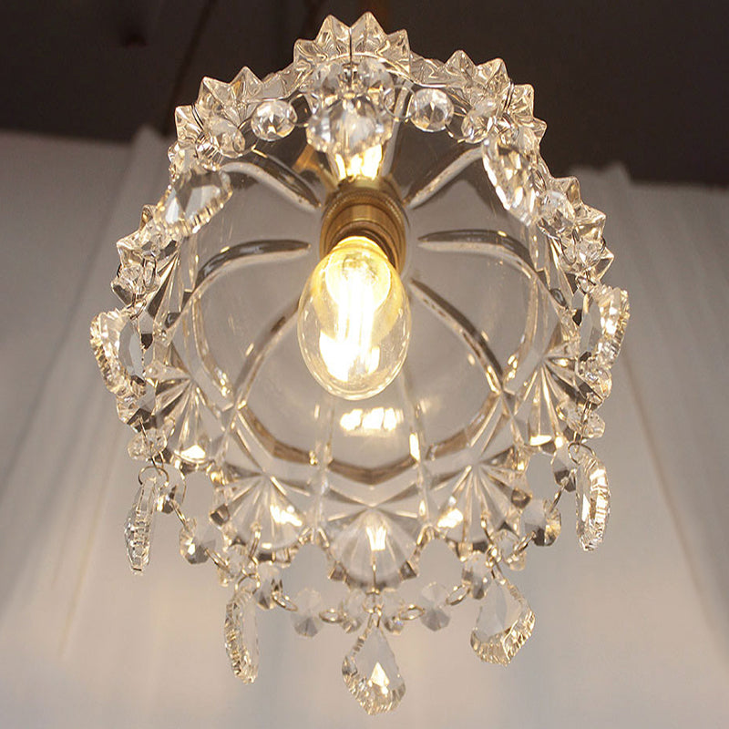 Flower Shape Shade Ceiling Pendant Lamp Vintage 1 Light Clear Glass Hanging Light with Crystal Pendant