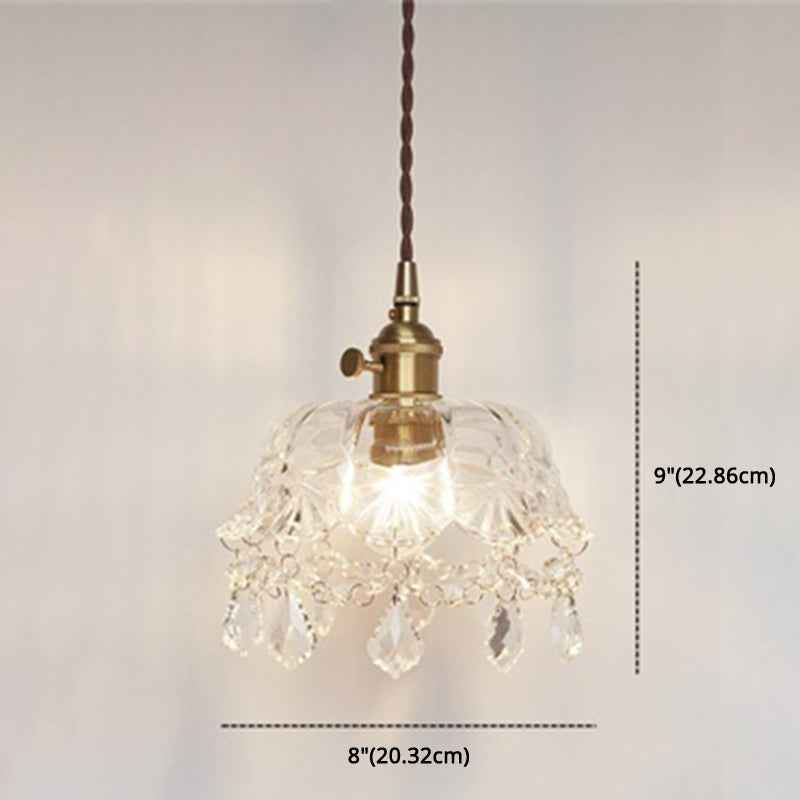 Flower Shape Shade Ceiling Pendant Lamp Vintage 1 Light Clear Glass Hanging Light with Crystal Pendant