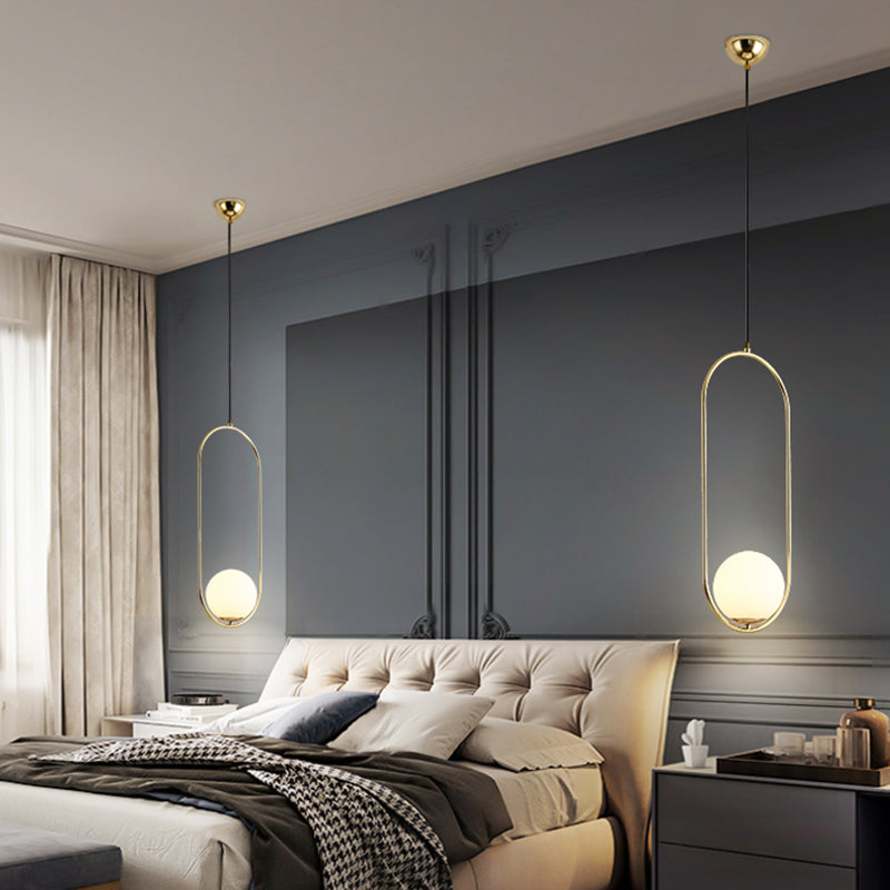 Mitte des Jahrhunderts Design Globe Hanging Lampe Weißglas Schatten Anhänger Licht mit Metallring