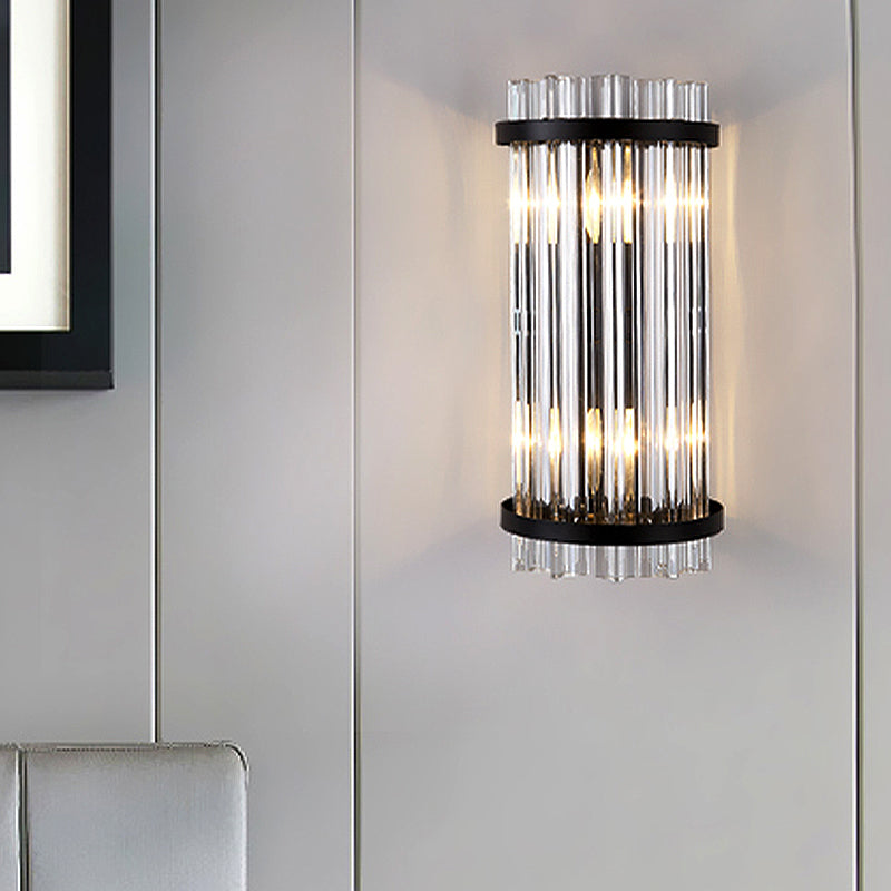 Tri-Sided Crystal Rod Cylinder Wall Mount Light Modern 2 Heads Black/Gold Sconce Light Fixture