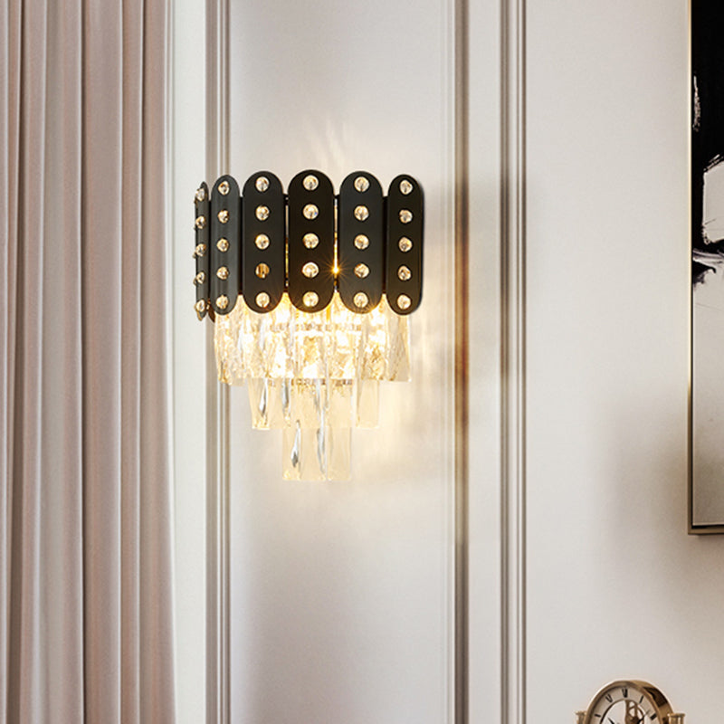 3 Lights 3 Tiers Wall Mounted Light Clear Faceted Crystal Contemporary Wall Lighting in Black