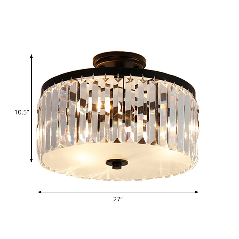 Crystal Drum Flush Mount Simplicity 3 Lights Dining Room Ceiling Lamp in Gold/Silver/Black