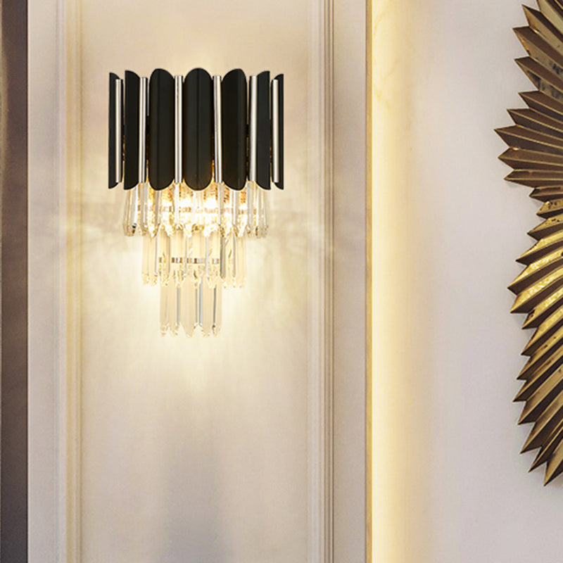 Tiered Wall Mounted Lighting Modern Clear Crystal 2 Lights Wall Sconce Light in Black
